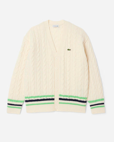 lacoste Cable Knit Wool Cardigan Ecru Navy Green