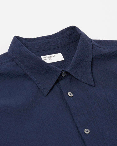 Universal Works Lucky Shirt Seersucker Shirting Navy 34604N