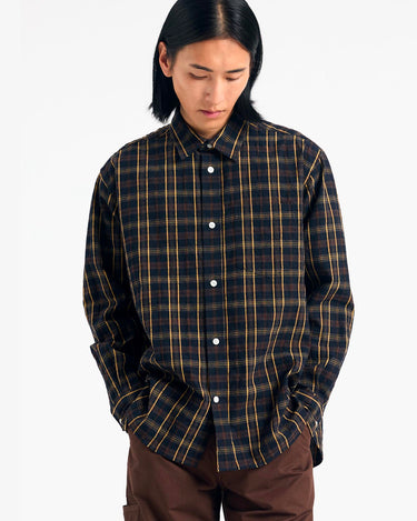 norse project Ole Oversized Wool Check Shirt Dark Navy Check